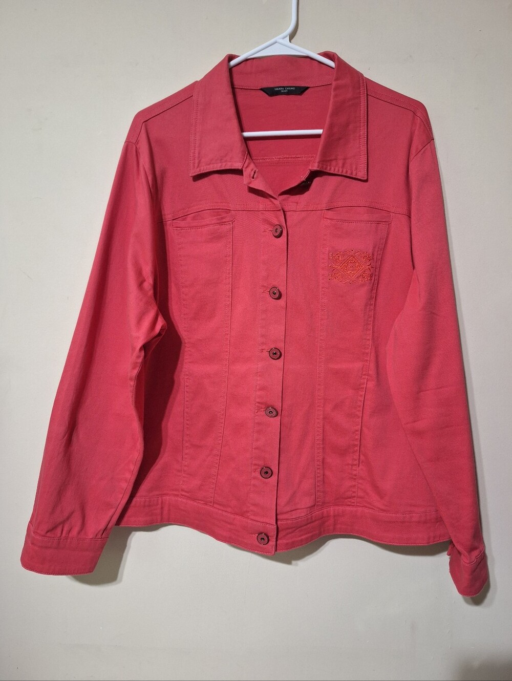 Simon Chang Coral Embroidered Denim Jacket Size 16 - Picture 2 of 13
